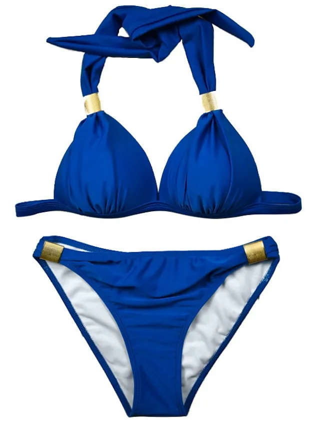 Women's Swimwear Bikini 2 Piece Normal Swimsuit Halter 2 Piece Open Back Sexy Pure Color Black Royal Blue Blue Sky Blue Halter V Wire Bathing Suits Sexy Vacation Fashion