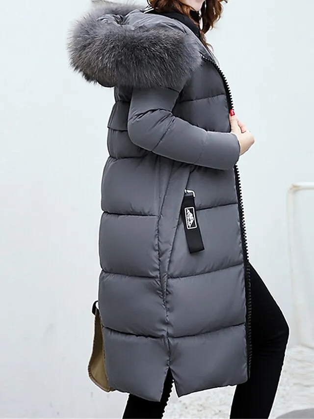 Women's Parka Long Puffer Jacket Winter Coat with Fur Collar Hood Thicken Windproof Warm Jacket Zip up Coat with Pockets Comtemporary Stylish Casual Jacket Long Sleeve Black Pink Army Green