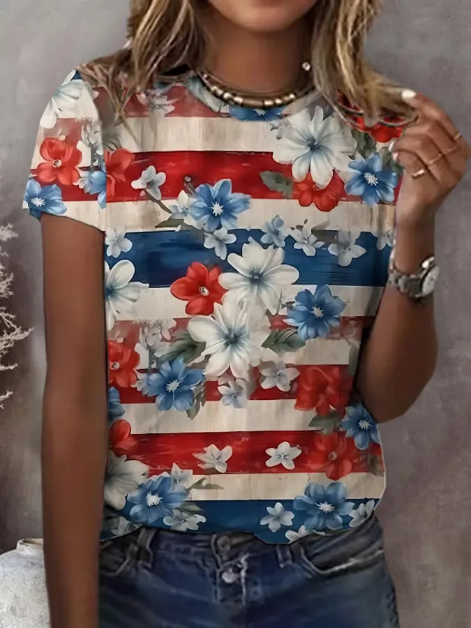 Woman'S Flower And Striped Prints Round-Neck Short-Sleeve T-Shirt