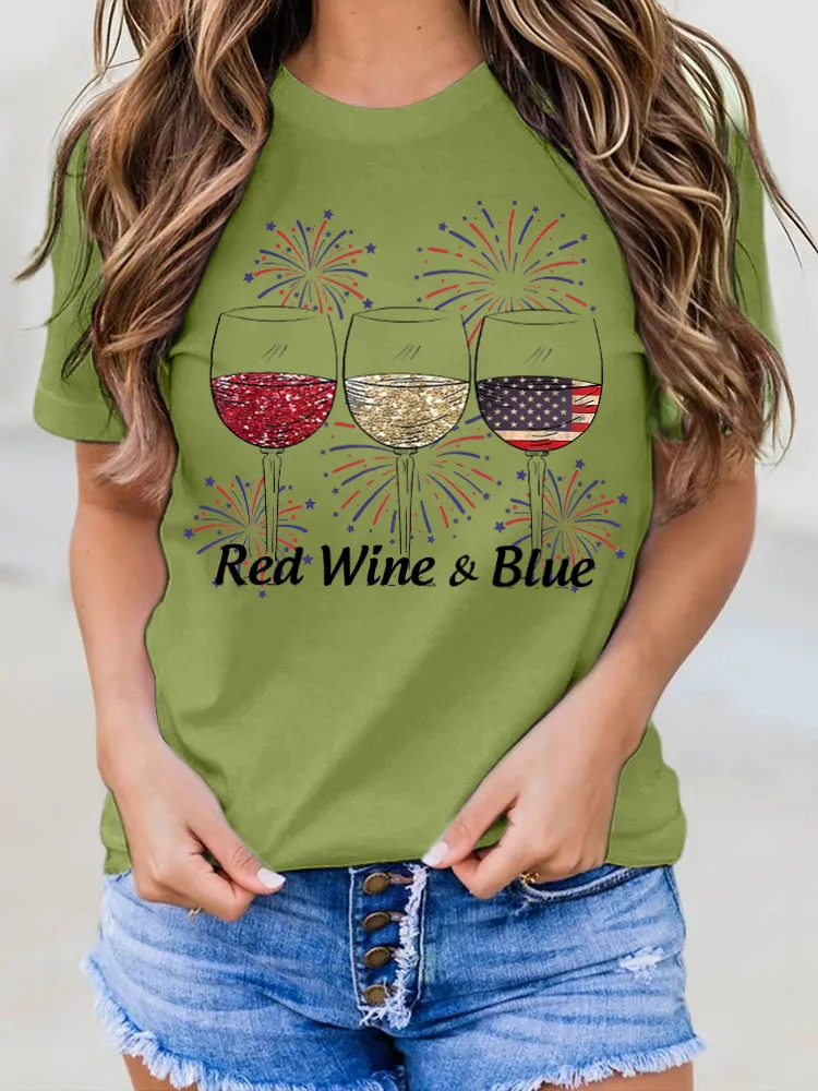Red Wine Blue Print Round-Neck Short-Sleeved T-Shirt