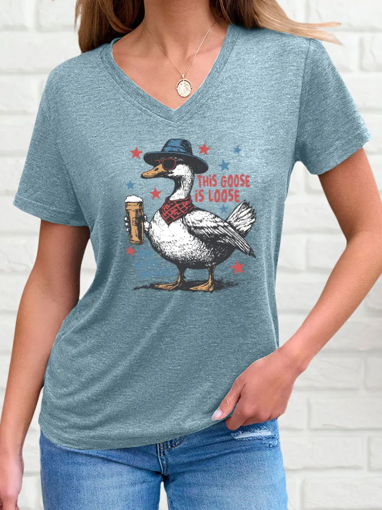 Woman'S This Goose Is Loose Red White And Booze Print Short-Sleeved T-Shirt