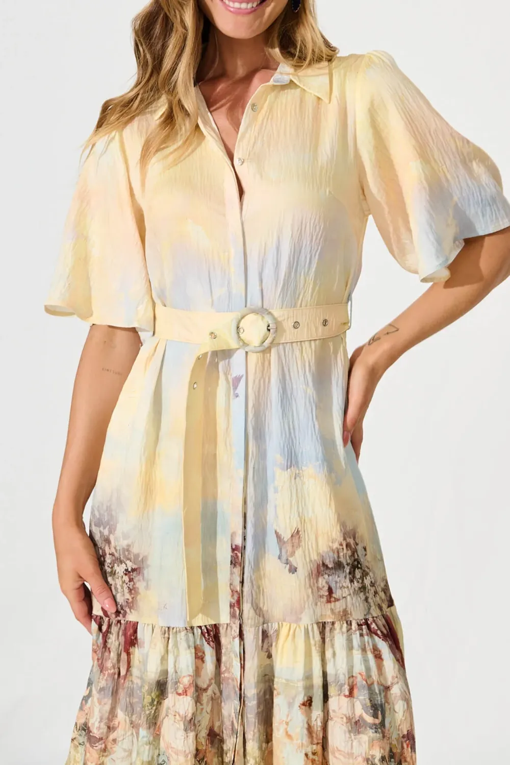 Beige Printed Tiered Shirt Midi Dress