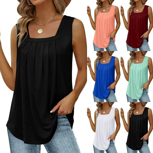 Tank Women's Wine Red Black White Solid / Plain Color Pleated Daily Basic Square Neck S