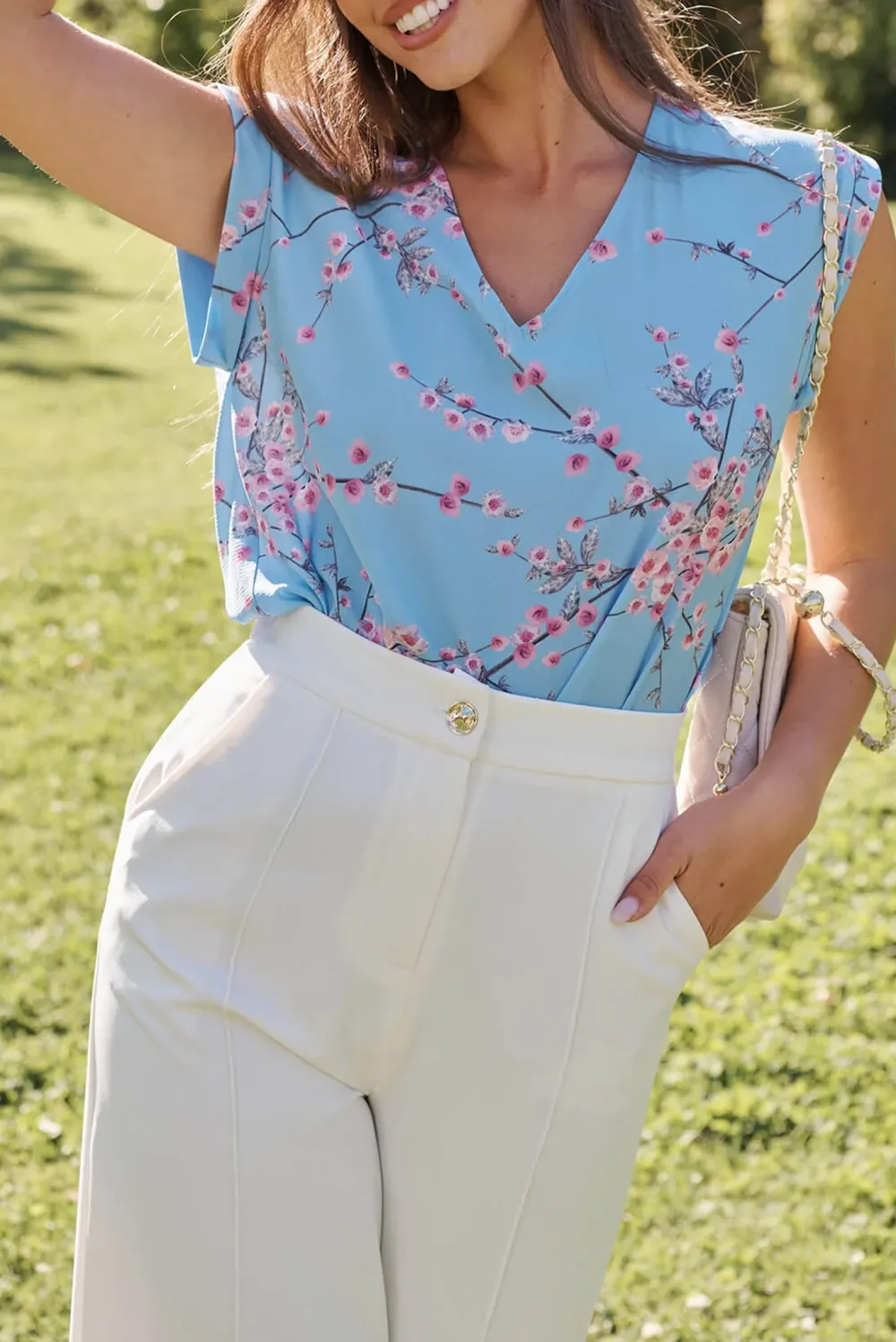 Light Blue Floral Print Sleeveless Top