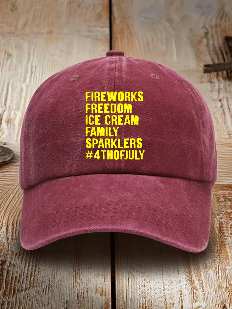 Fireworks Freedom Ice Cream Family Sparklers Print Washed Baseball Cap