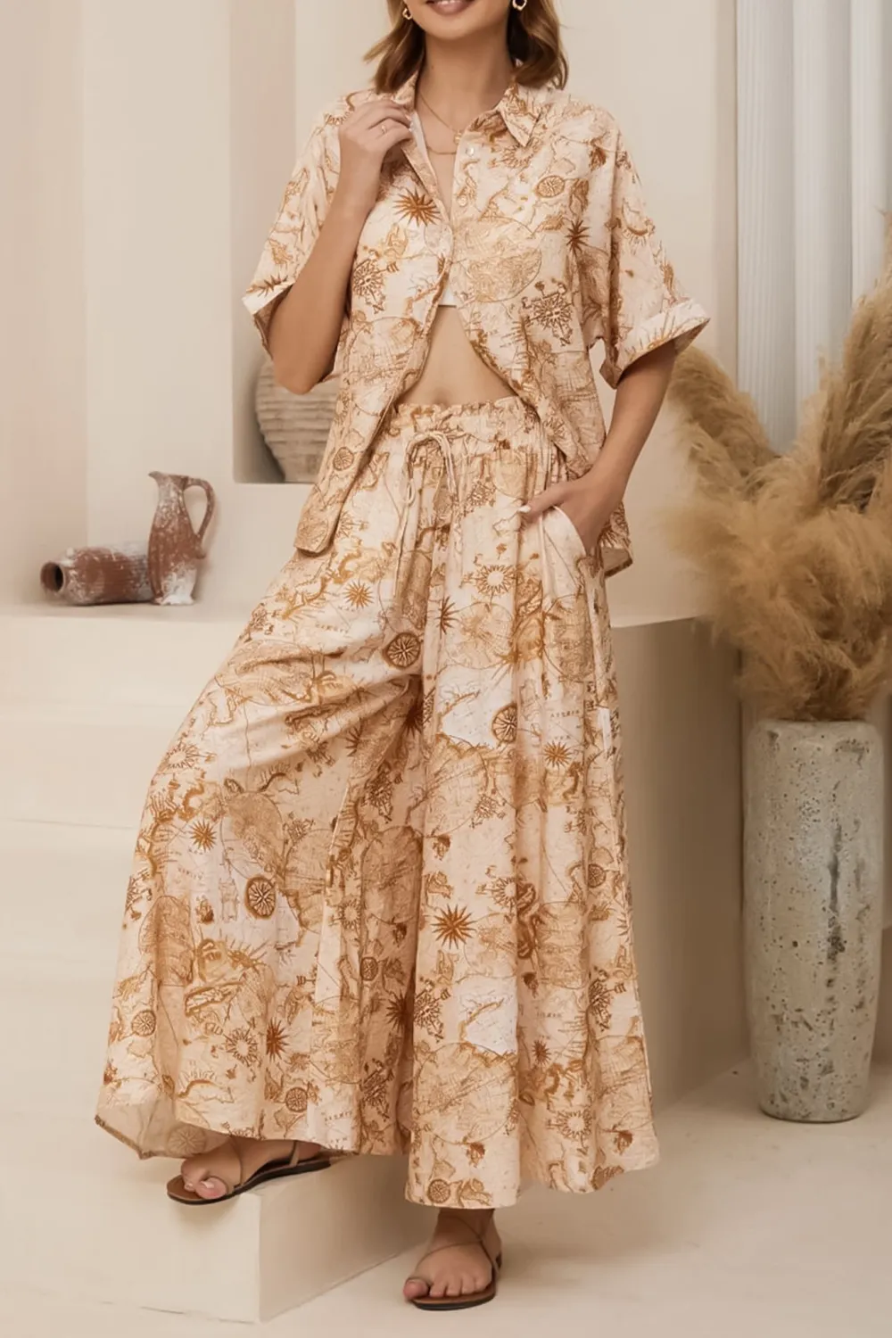 Light Khaki Patterned High Waist Wide Leg Trousers