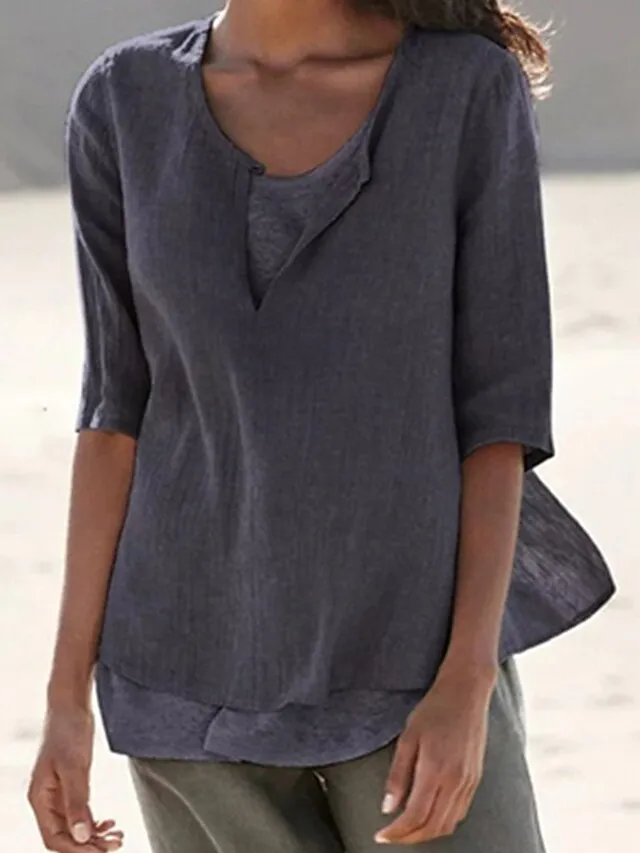 Women's Shirt Blouse Plain Black White Pink Half Sleeve Holiday Casual Beach V Neck Regular Fit