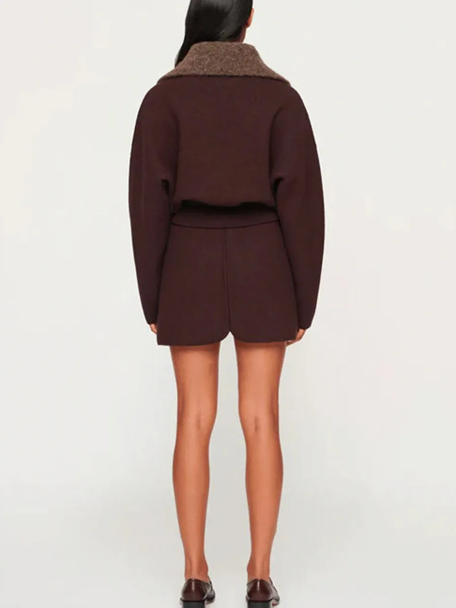 Brown Fleece Collar Zip Up Set