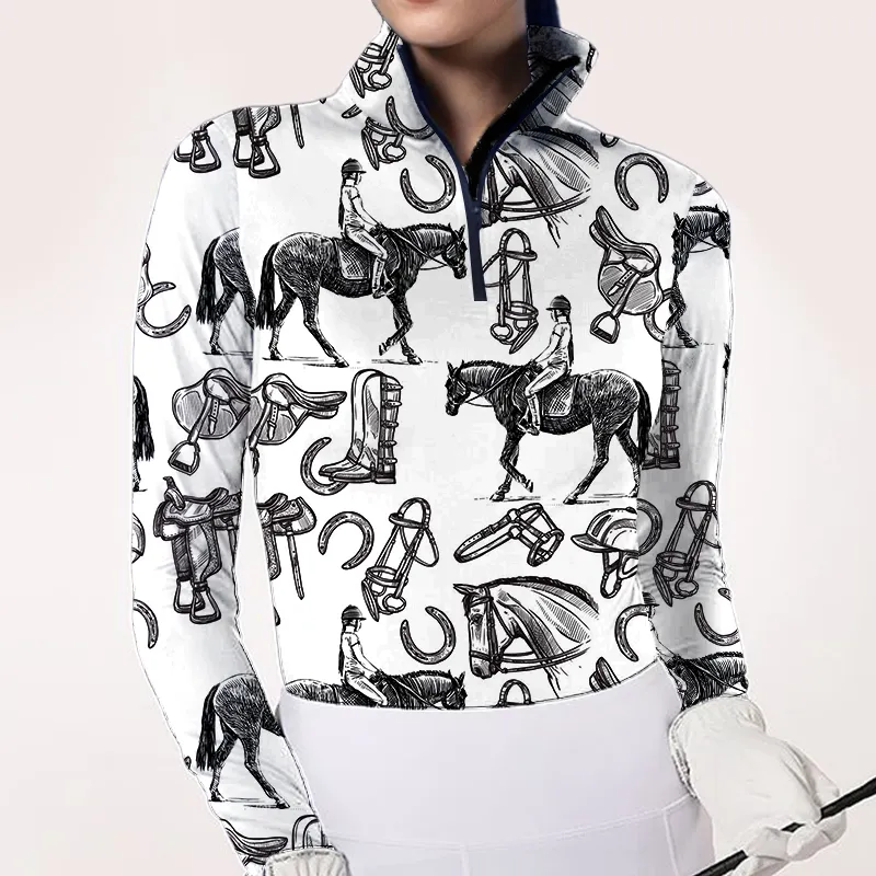 Women's Riding Style Horse Rider And Equestrian Equipment Print Long Sleeve Casual Shirt