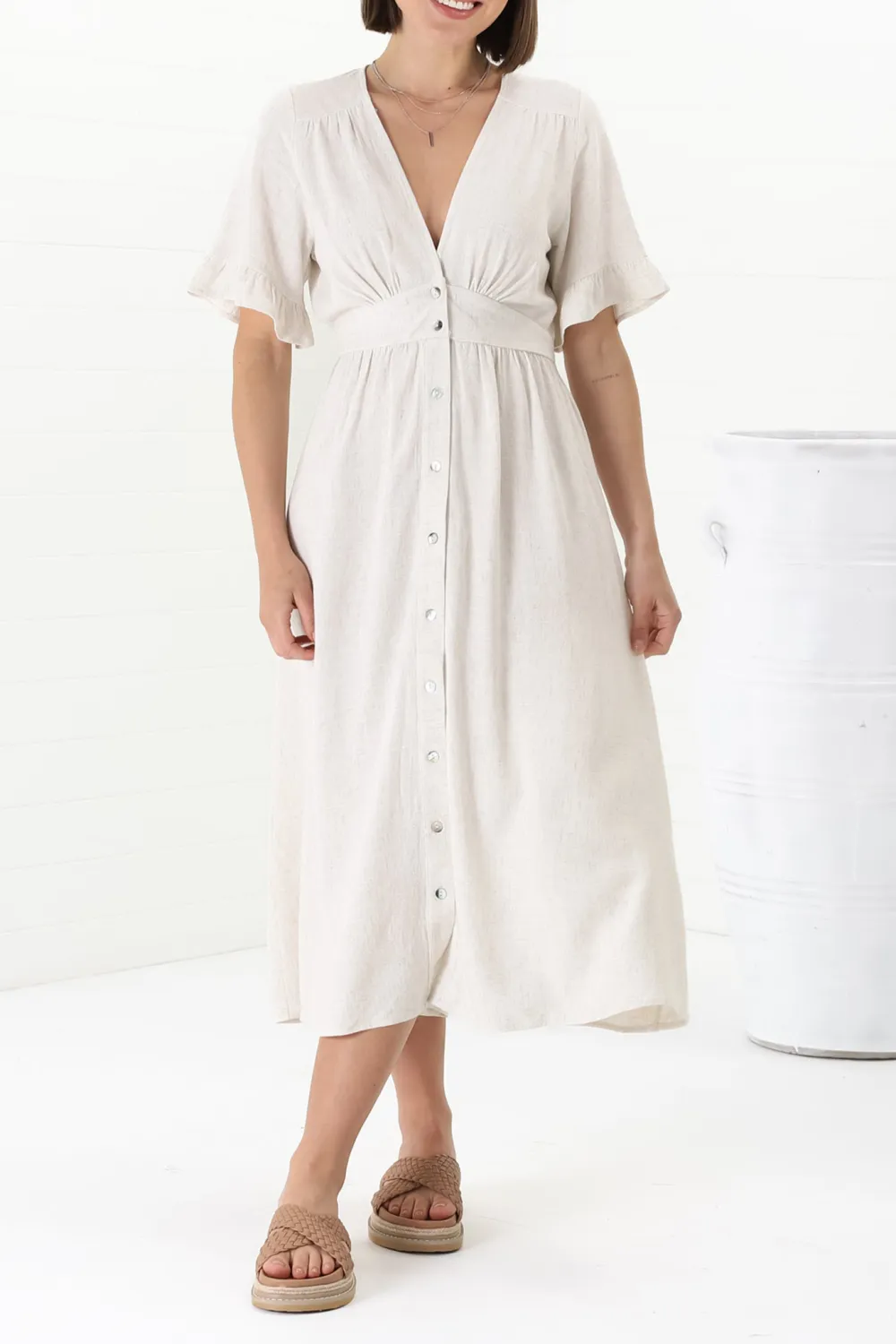 White Button Front Short Sleeve Midi Dress