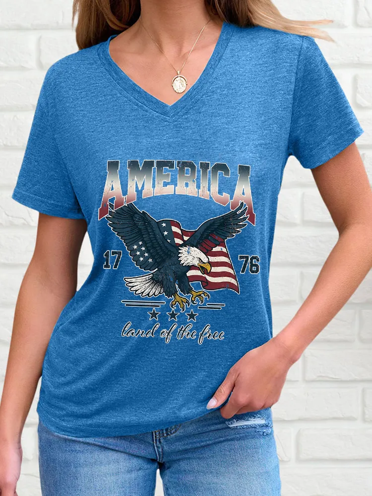 Woman'S America 1776 Land And Free V-Neck And Short Sleeves T-Shirt