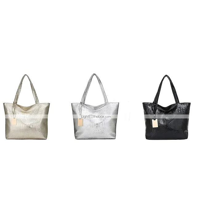 Women's Tote PU Leather Daily Zipper Solid Color Silver Black Gold