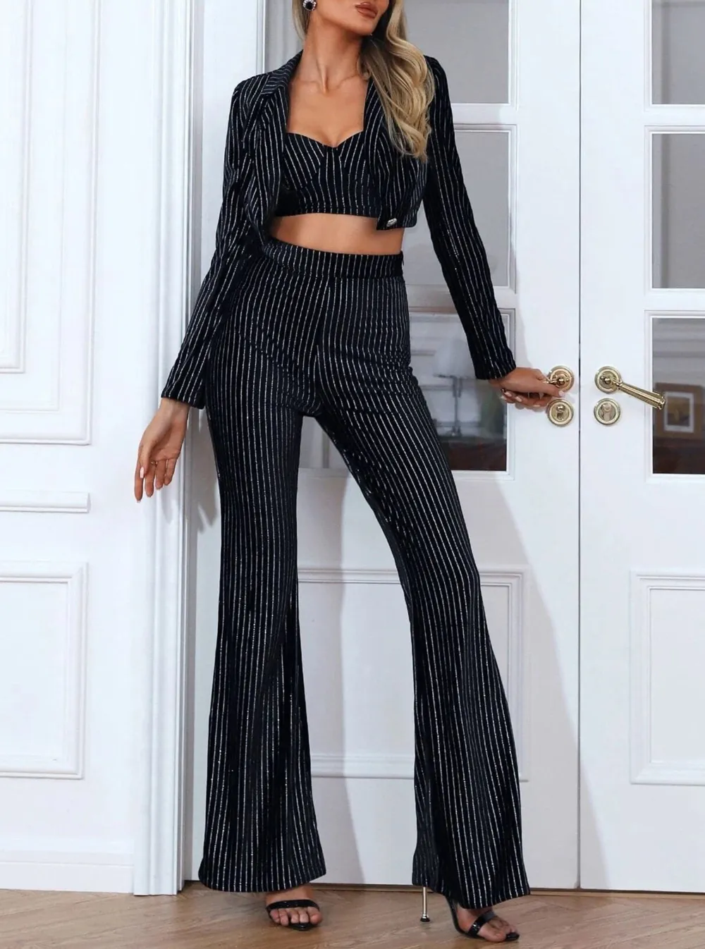 Backless Long Sleeve Black Pinstriped Set