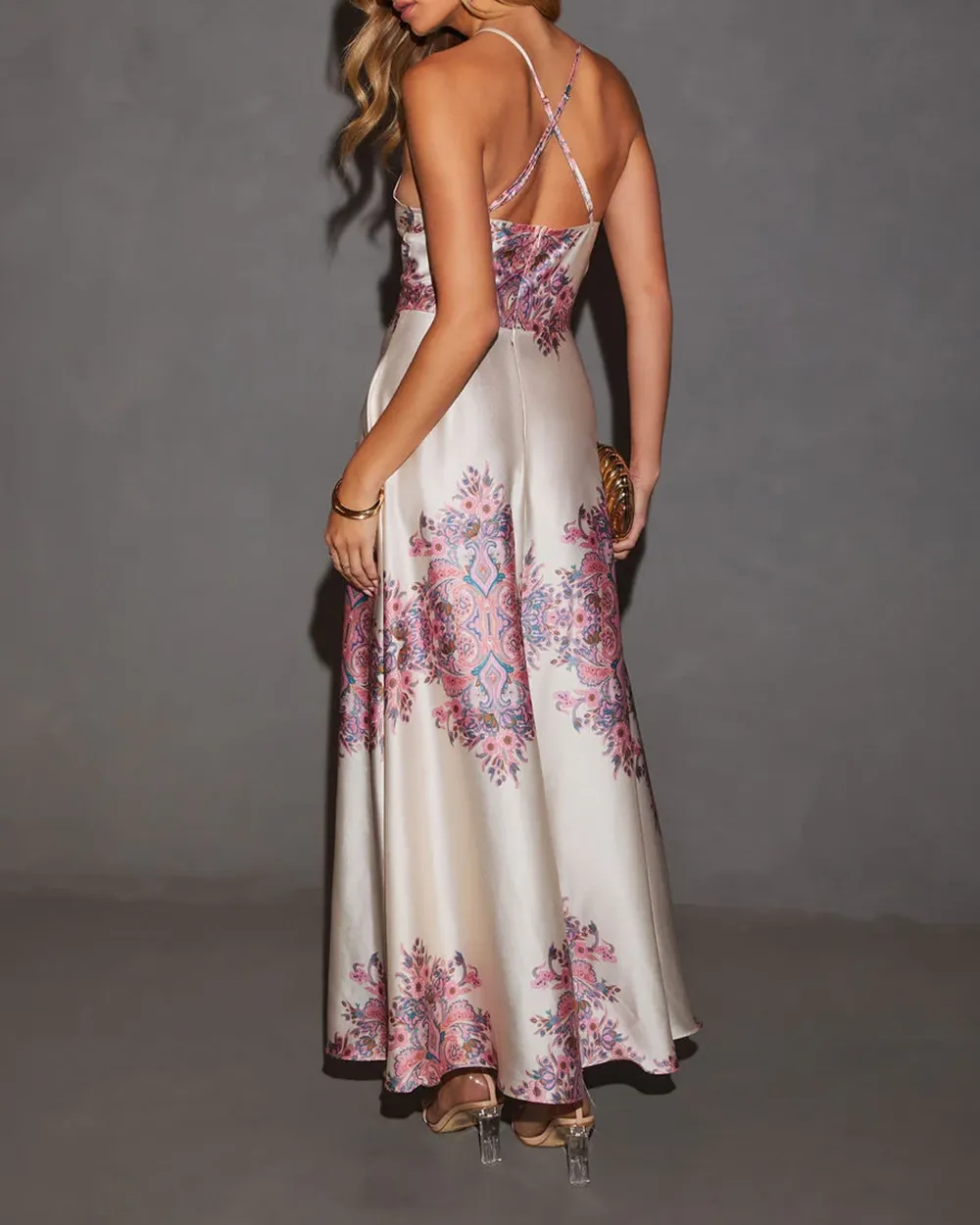 Satin Halter Printed Maxi Dress