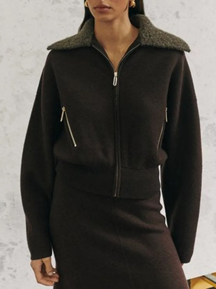 Brown Fleece Collar Zip Up Set