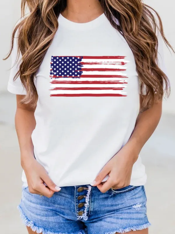 National Flag Print Round-Neck Short-Sleeved T-Shirt