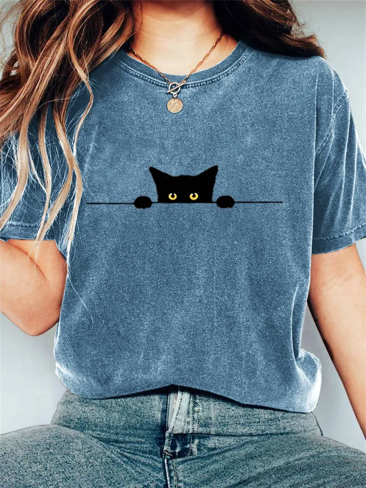Women's Casual Funny Black Cat Print T-shirt