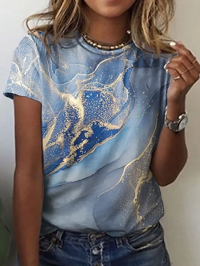 Women's T shirt Tee Grass Green Black Yellow Graphic Abstract Print Short Sleeve Daily Weekend Vintage Basic Round Neck Regular Geometric S