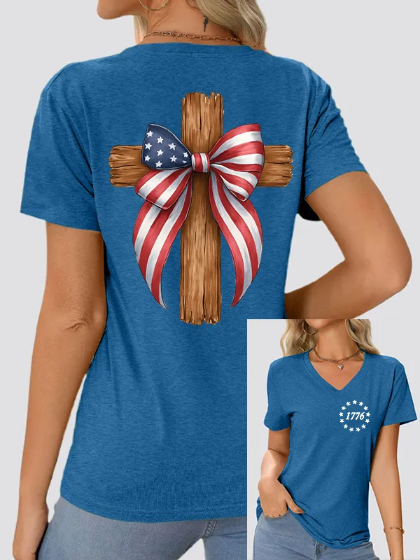 Woman'S Independence Day and Faith V-Neck And Short Sleeves T-shirt