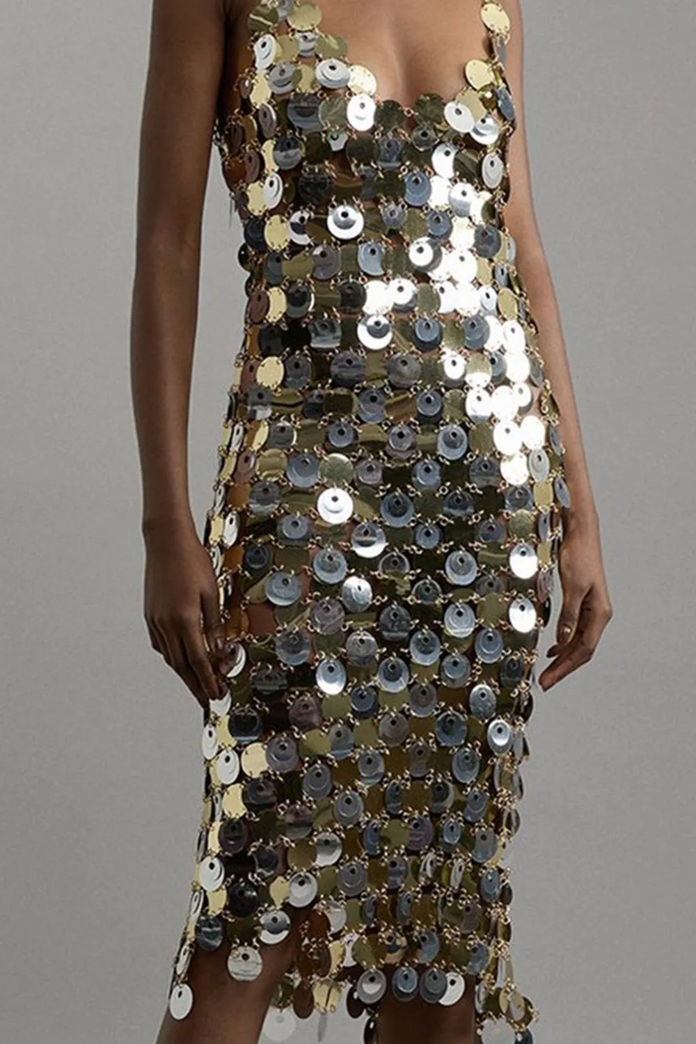 Disc Sequin Strappy Midi Dress