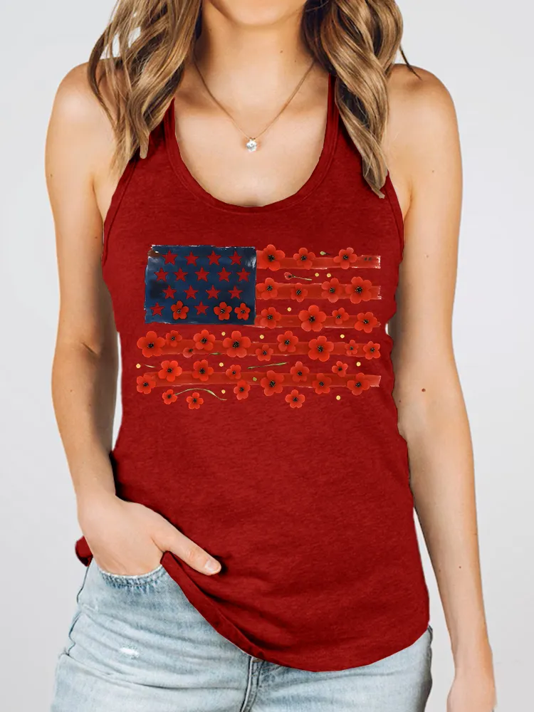 Women'S Flower Stars And Stripes Print Round-Necked Sleeveless Vest