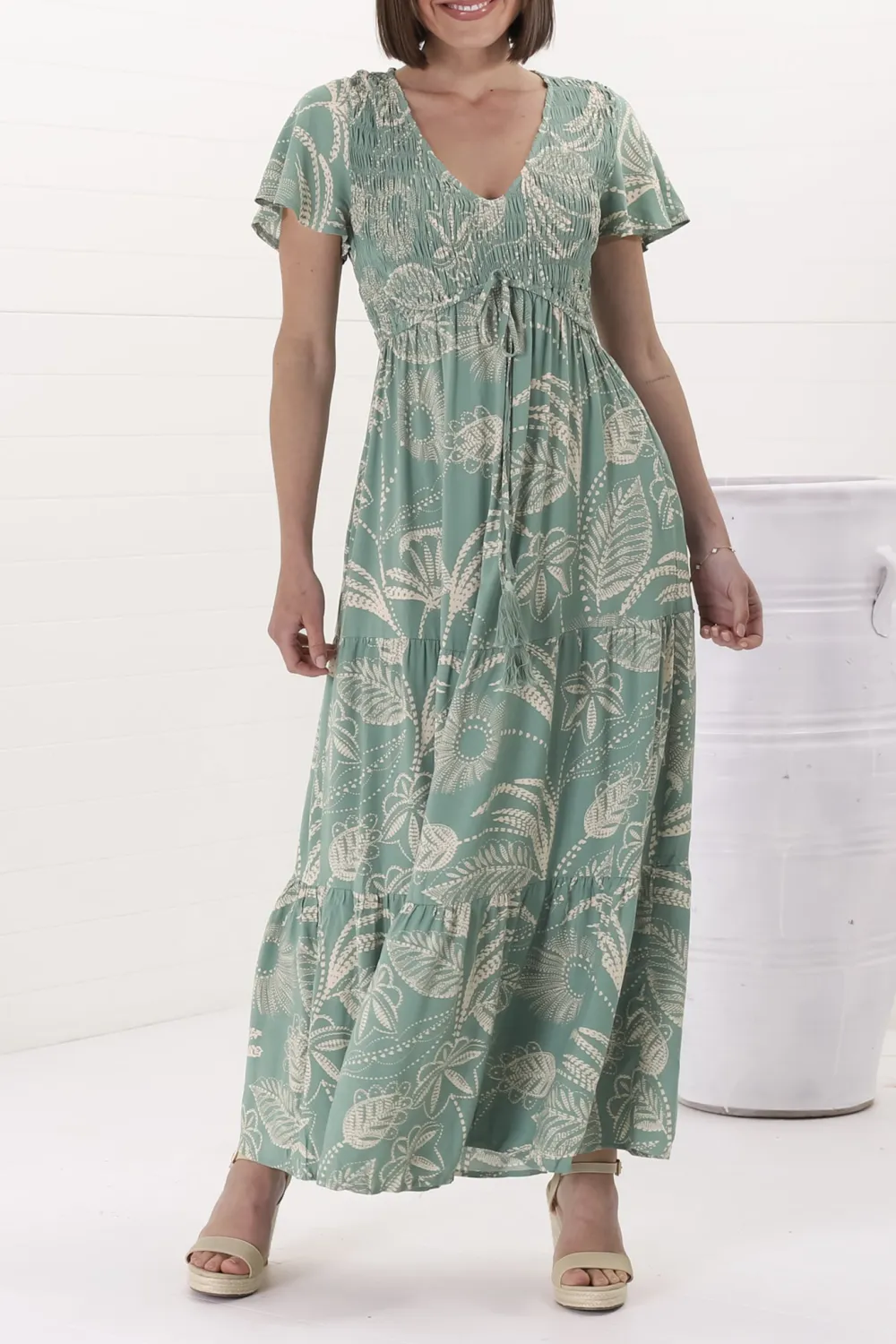 Light Green Leaf Print Tiered Maxi Dress
