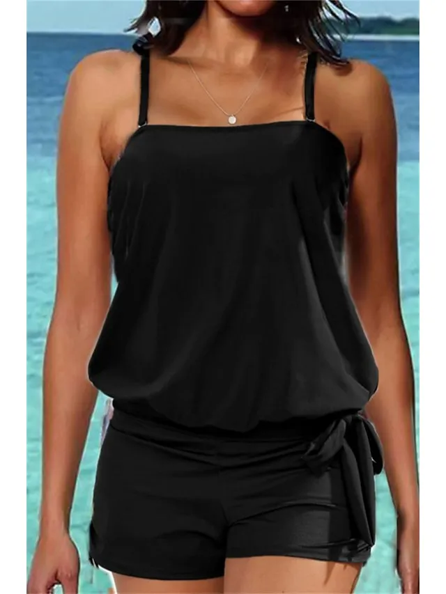 Women's Swimwear Tankini 2 Piece Normal Swimsuit 2 Piece High Waist Open Back Pure Color Green Black Blue Purple Dusty Blue Camisole Padded Strap Bathing Suits New Vacation Holiday / Modern