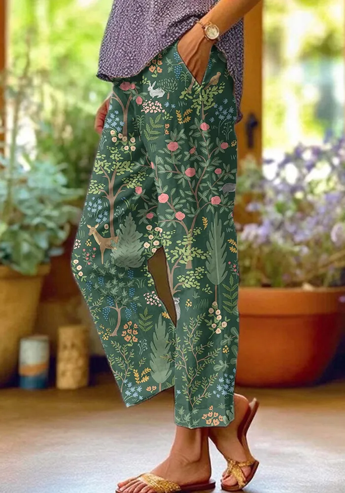Women's Casual Green Plant Print Trousers