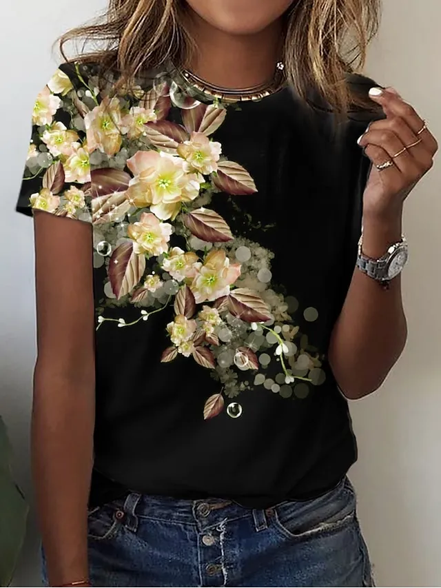 Women's T shirt Tee Yellow Pink Blue Floral Print Short Sleeve Holiday Weekend Basic Round Neck Regular Fit Floral Painting