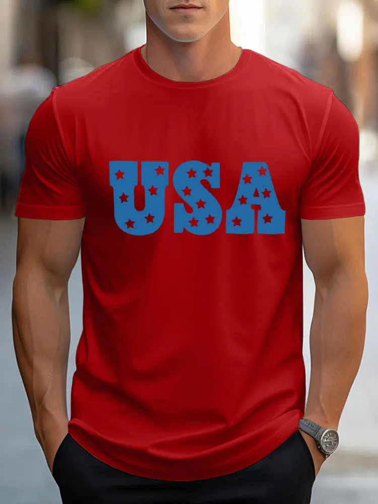 Man'S USA Print Round-Neck Short-Sleeved T-Shirt