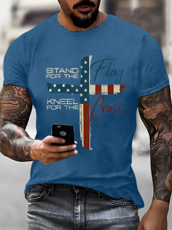 Man'S Stand For The Flag Kneel For The Cross Print Round-Neck Short-Sleeved T-Shirt