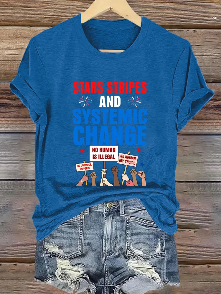 Woman'S Stars Stripes And Systemic Change Crew Neck Short Sleeve T-Shirt