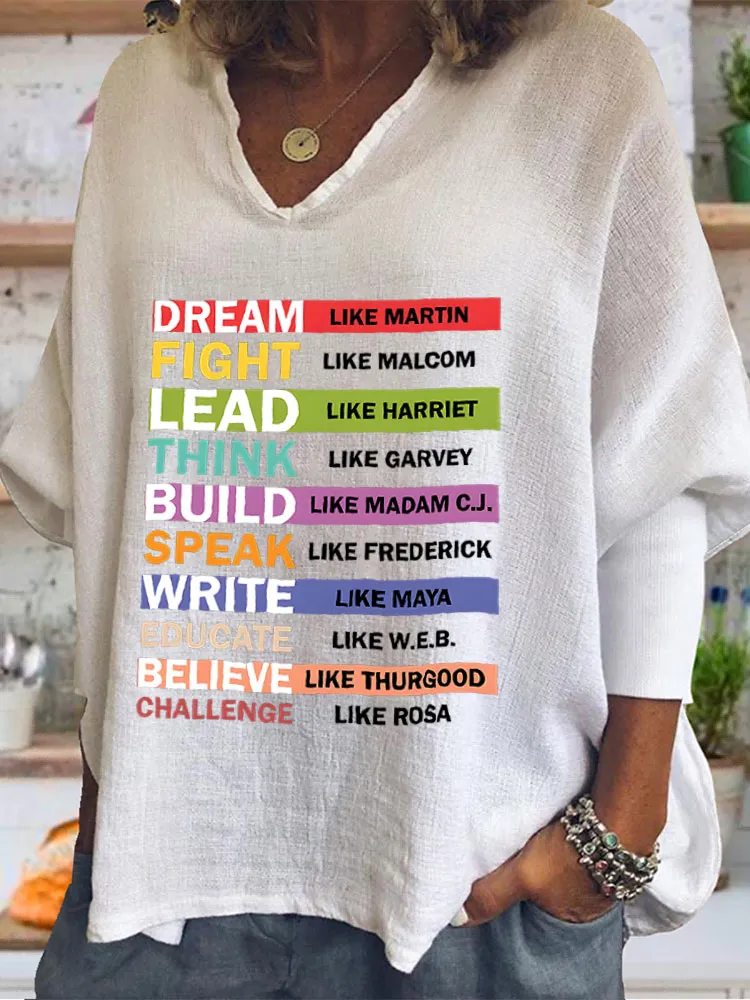 Women'S Dream Like Martin Fight Like Malcom Lead Like Harriet Think Like Garvey Build Like Madam C.J. Speak Like Frederick Write Like Maya Educate Like W.E.B. V-Neck T-Shirt