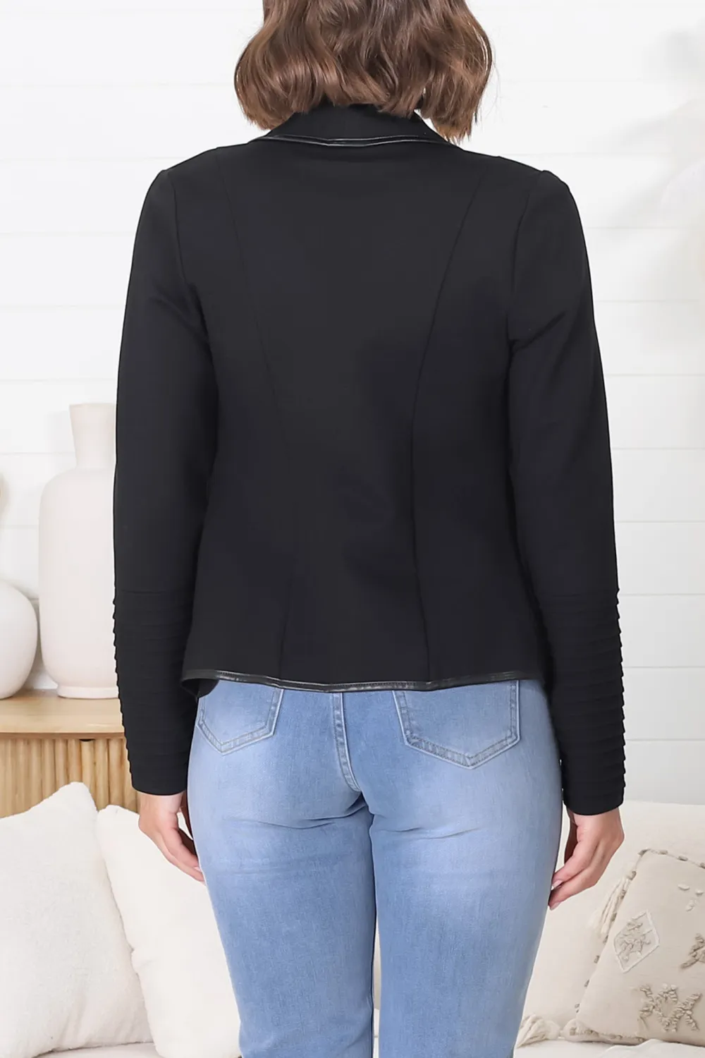 Faux Leather Trim Lapel Collar Jacket