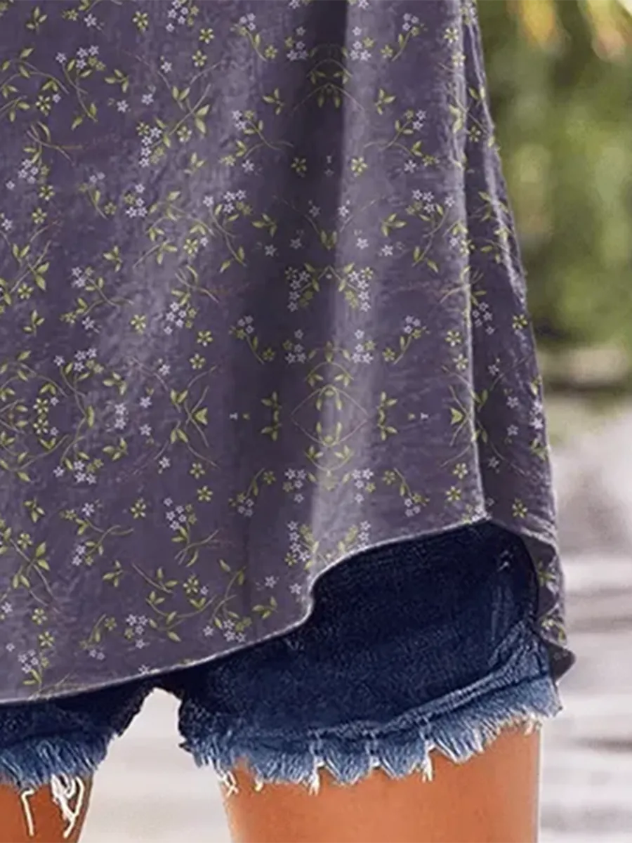 Women's Vintage Botanical Floral Button Design V-Neck Short Sleeve Shirt