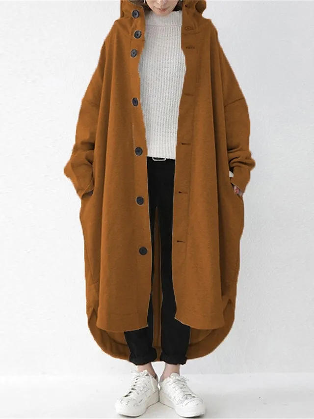 Women's Coat Street Fall Dusty Coat Casual Winter Windproof Long Coat with Pockets Regular Fit Warm Breathable Street Style Jacket Long Sleeve Plain Black Yellow Red
