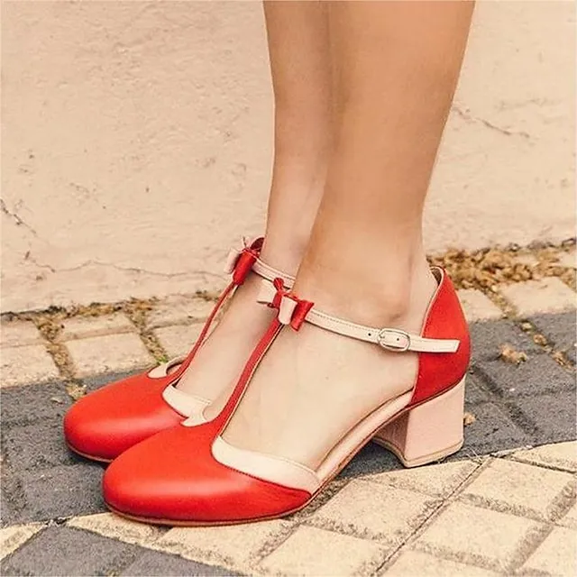 Women's Sandals Plus Size Party Daily Block Heel Round Toe Elegant Sweet PU Leather Buckle Black Red
