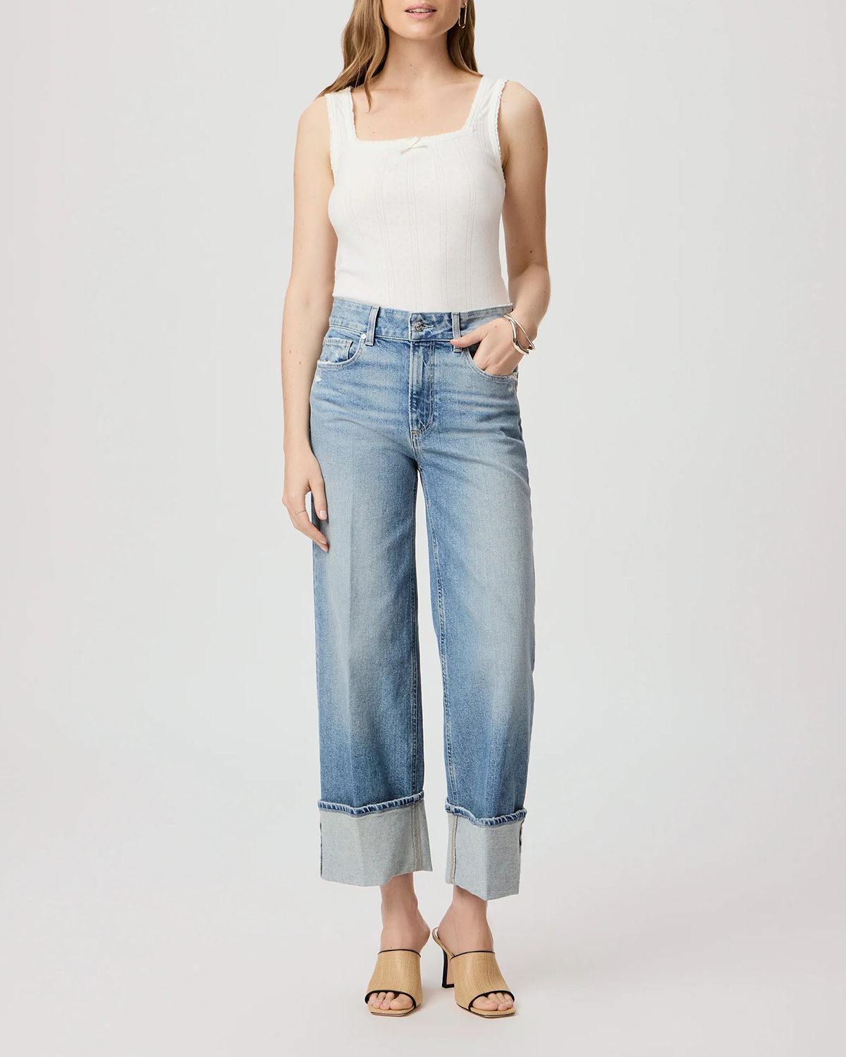 White Pointelle Stitched Square Neck Tank Top