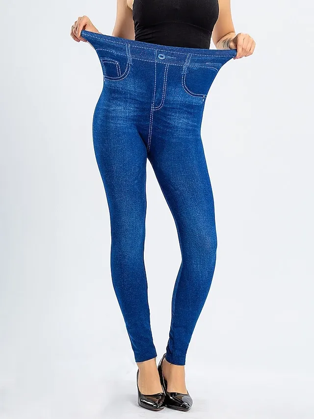 Women's Leggings Faux Denim Ankle-Length Stretchy High Waist Fashion Casual Weekend Black Blue S M