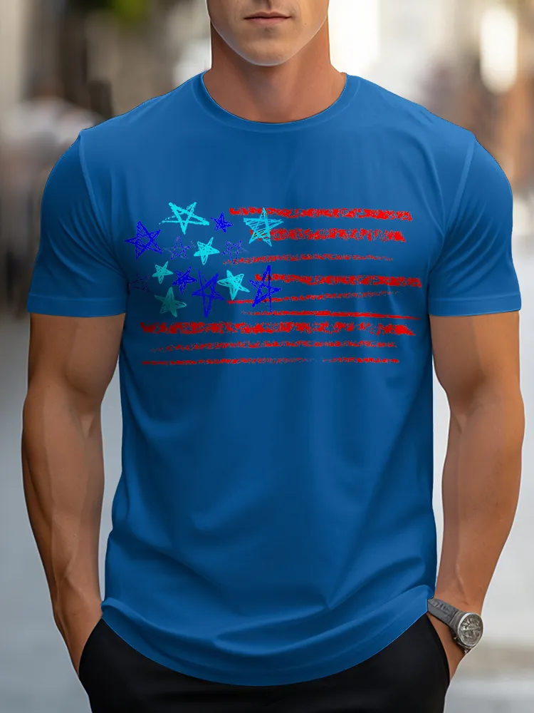 Man'S Stars And Stripes Print Round-Neck Short-Sleeved T-Shirt