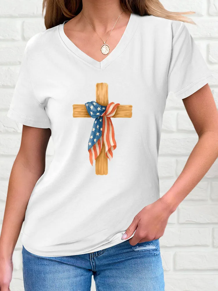 Woman'S Independence Day And Faith Print Short-Sleeved T-Shirt