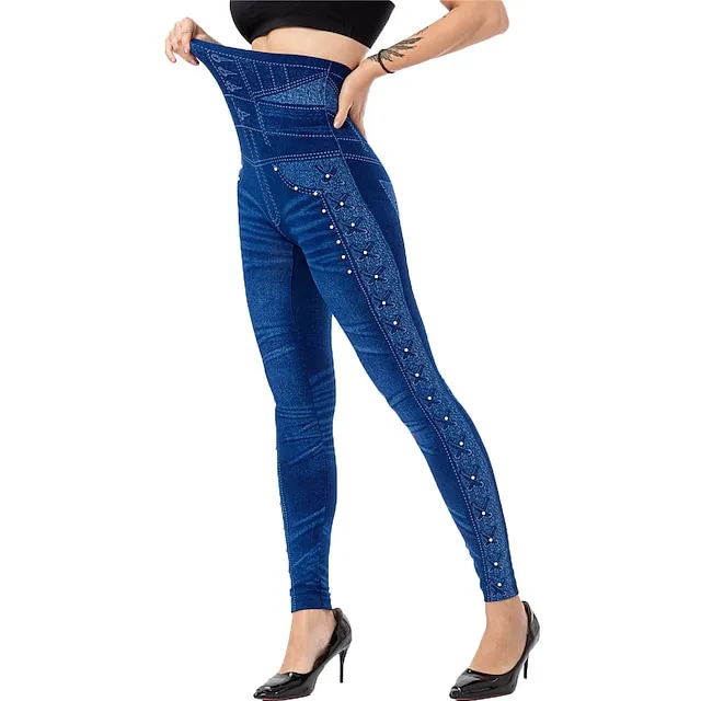 Women's Tights Leggings Jeggings Plain Tummy Control Butt Lift Ankle-Length Casual Weekend Faux Denim Fashion Skinny Black Blue High Waist High Elasticity