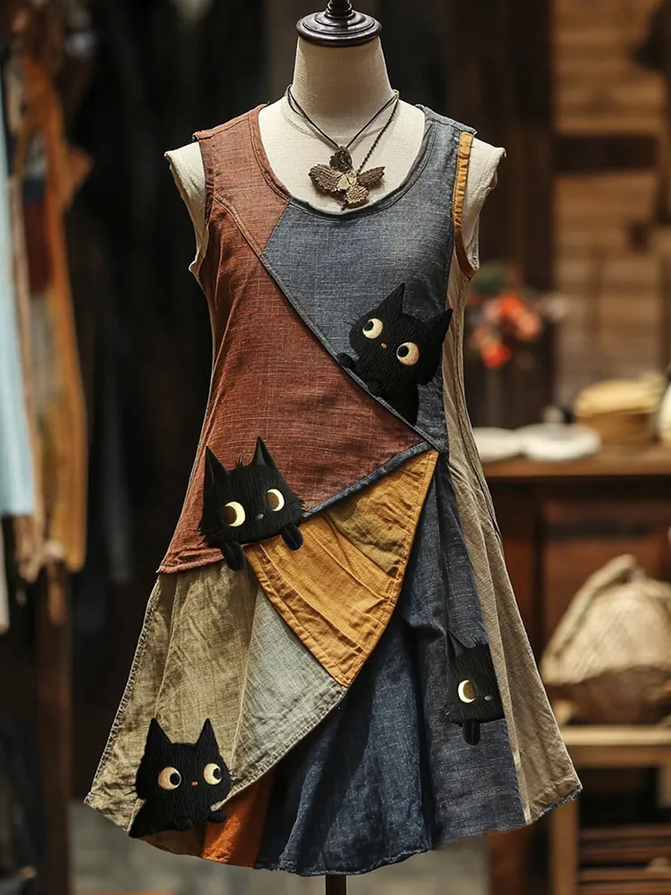 Cute Black Cat Head Looking Pop Art Graphic Linen Contrast Color Mini Dress