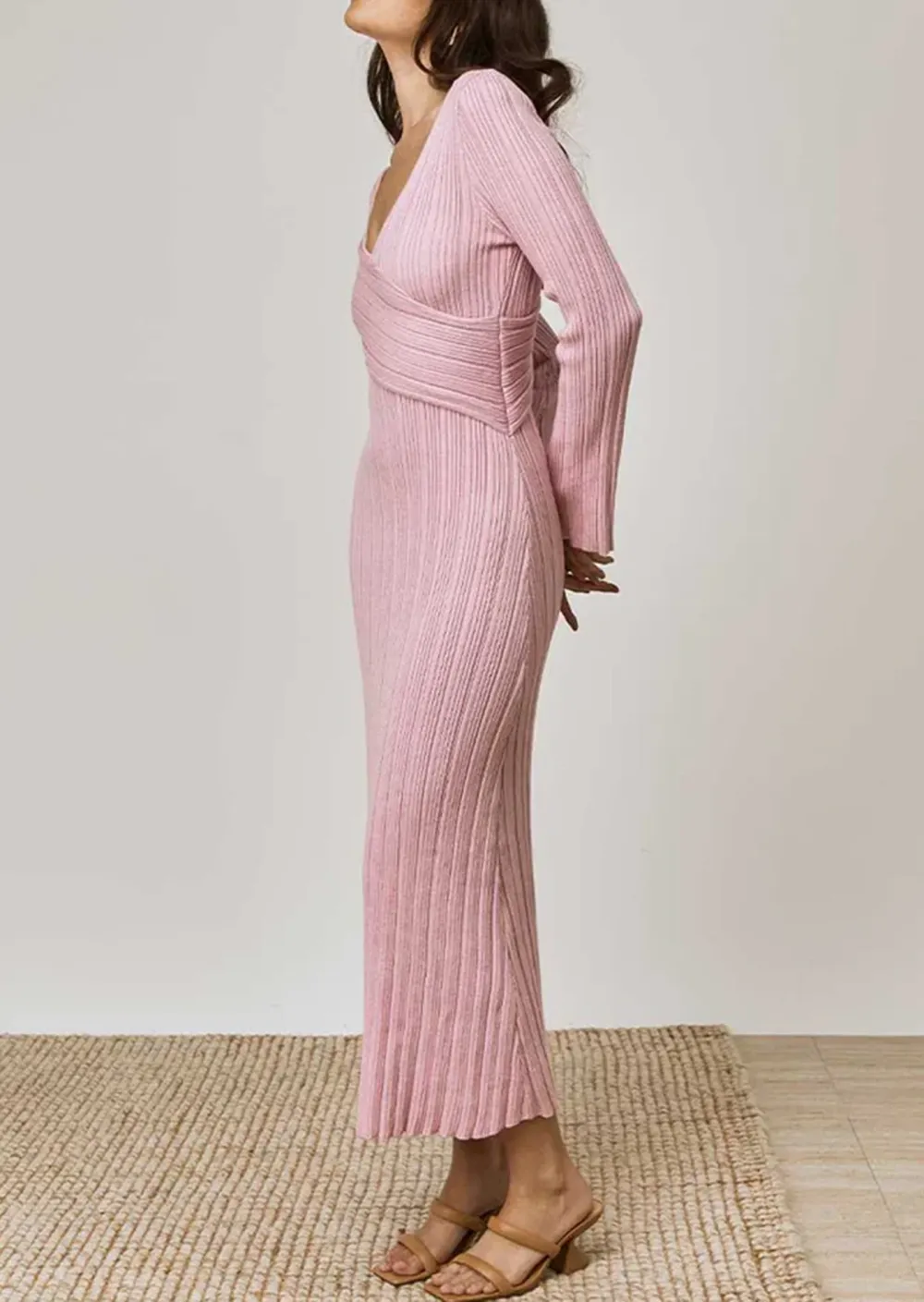 V Neck Long Sleeved Ribbed Midi Dress