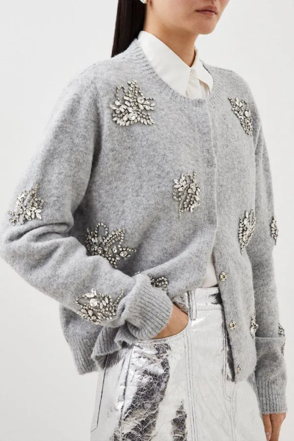 Wool Blend Embellished Cosy Knit Cardigan