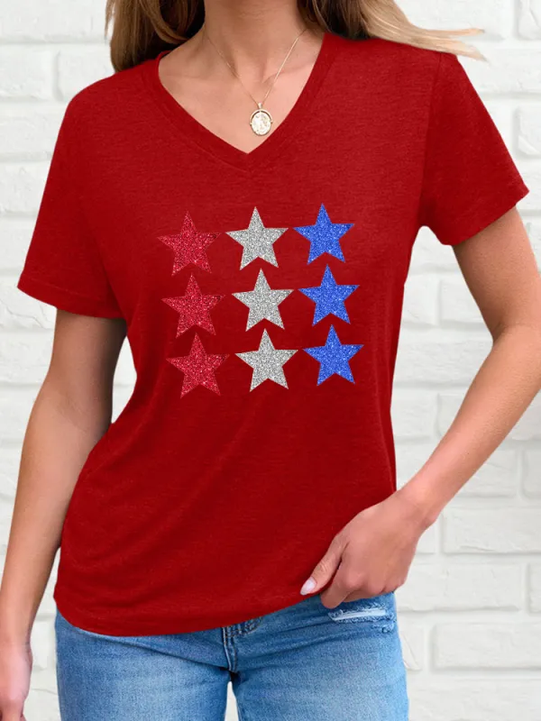 Woman'S Star Print V-Neck And Short Sleeves T-Shirt