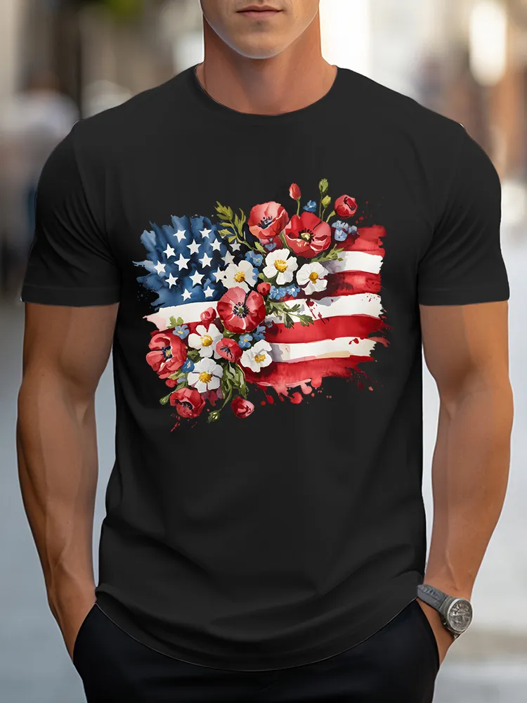 Men's Independence Day Flowers Round-Neck Short-Sleeved T-Shirt