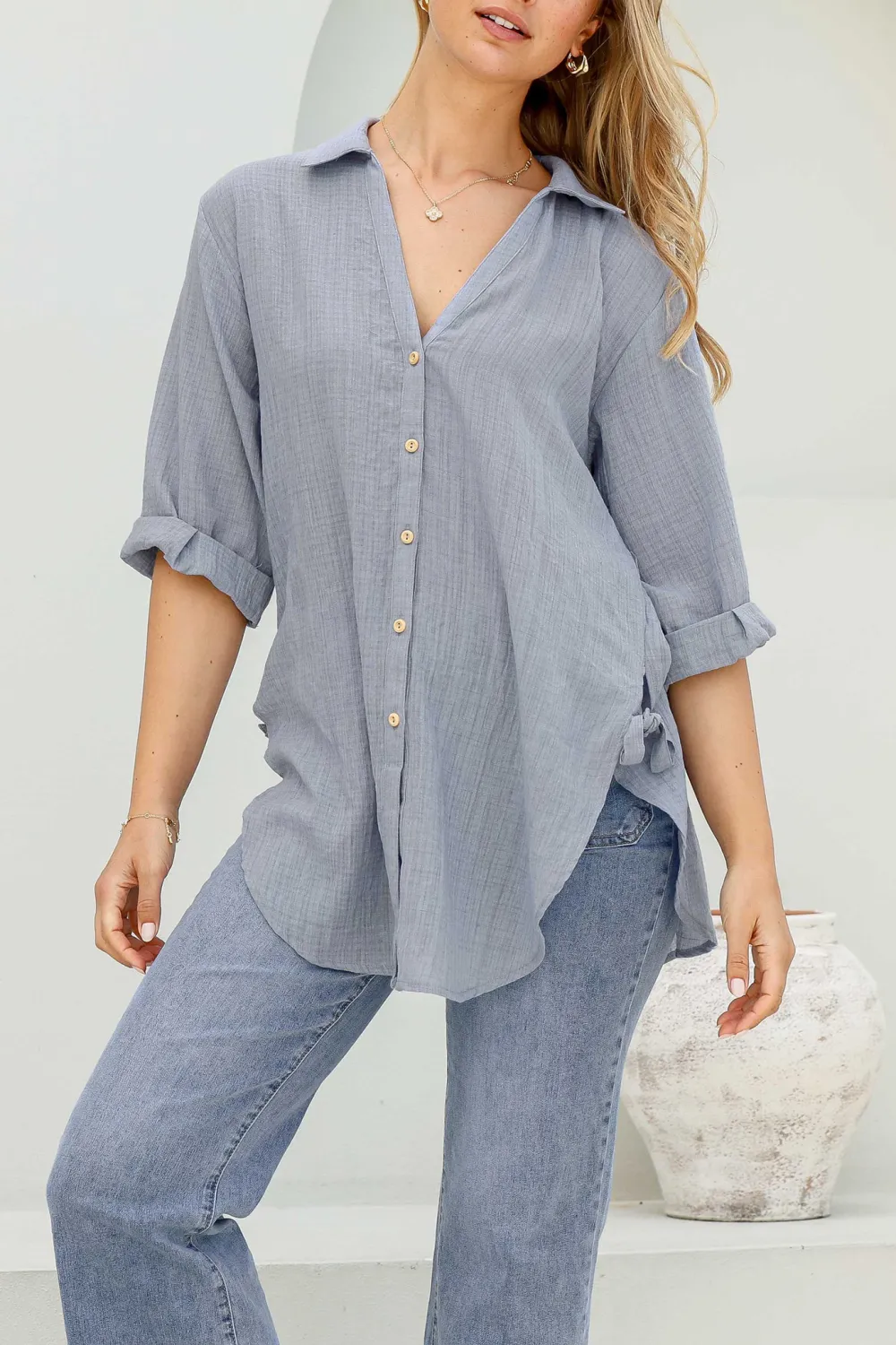 Light Blue Linen Roll Up Sleeve Shirt