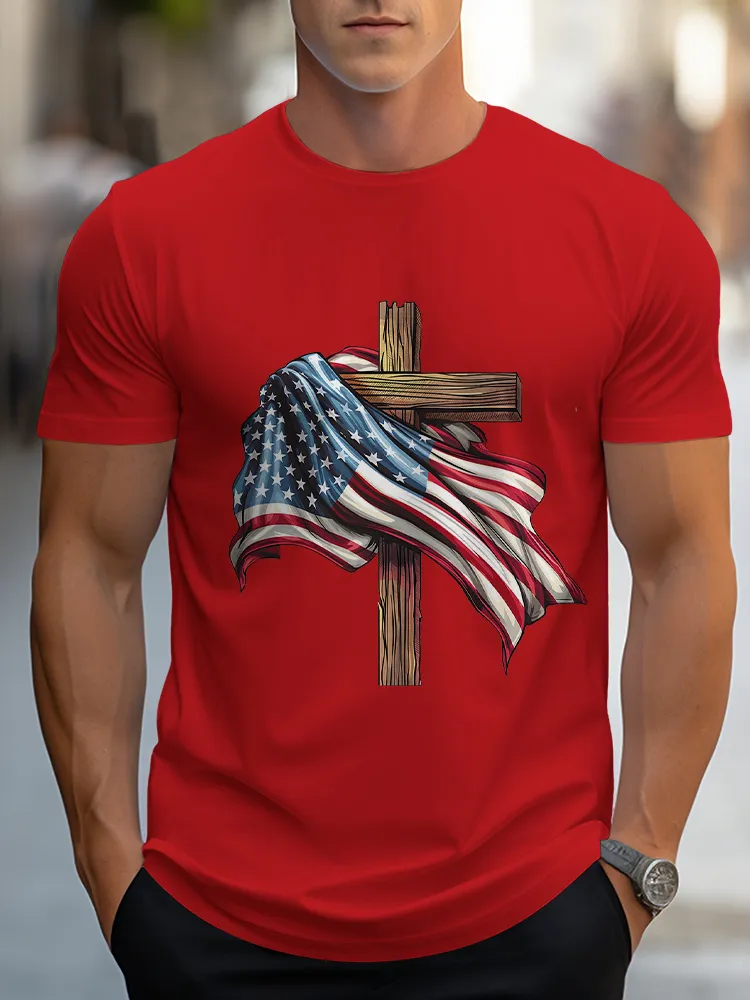 Man'S The Stars And Stripes Cross Print Round-Neck Short-Sleeved T-Shirt