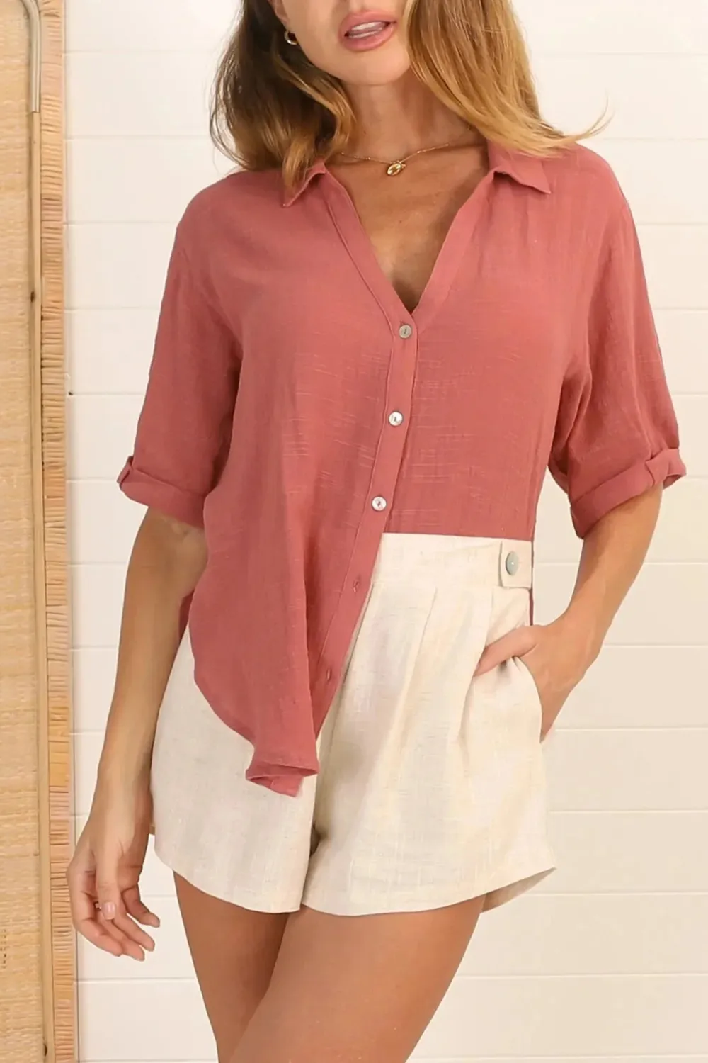 Coral Linen Short Sleeve Button Up Shirt